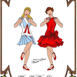 May include: A paper doll pattern for a 10.5 inch doll, featuring two girls in different outfits. One girl wears a blue and white dress with a red bow, and the other girl wears a red dress with a red bow. The pattern is titled "Style 74" and "When We Were Young Perfect Patterns for Fashion Dolls 1999-2019".