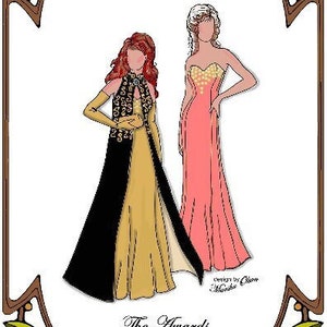 May include: Illustration of two dolls wearing formal gowns. The doll on the left is wearing a black and gold gown with a leopard print shawl. The doll on the right is wearing a pink gown. The image includes the text "Style 37", "20" Vintage Cissy", "21" Modern Cissy", "The Awards", "Perfect Patterns for Fashion Dolls 1999-2019".