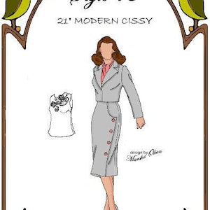 May include: A vintage illustration of a woman wearing a gray suit with a pink blouse and a skirt with buttons down the side. The illustration is titled "Style 15 21' Modern Cissy" and is labeled "A Successful Woman" and "Perfect Patterns 1999-2013".