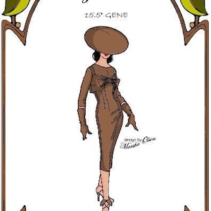 May include: A brown dress with a bow at the waist and a brown hat. The dress is designed for a 15.5 inch doll. The text "Style 157" and "15.5 GENE" is printed on the image. The text "Hotter Than a Pepper Sprout Perfect Patterns for Fashion Dolls 1999-2019" is printed at the bottom of the image.