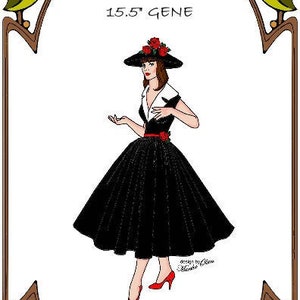 May include: A black and white illustration of a woman wearing a black dress with a red belt and a black hat with red flowers. The illustration is framed with a brown and green border. The text "Style 20" and "15.5" GENE" is at the top of the image. The text "Perfect Lady Perfect Patterns for Fashion Dolls 1998 - 2019" is at the bottom of the image.