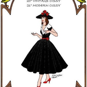 May include: A black and white illustration of a woman wearing a black dress with a red belt and a black hat with red flowers. The illustration is framed with a green and brown border. The text "Style 20", "20" Vintage Cissy", "21" Modern Cissy", "Perfect Lady", "Perfect Patterns", "for Fashion Dolls", and "1999-2019" is included in the image.
