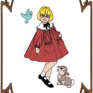May include: A red dress with a white collar and puffed sleeves for a 10-inch doll. The doll has blonde hair and is wearing glasses. The dress has a pocket on each side. The doll is standing next to a small blue bird and a brown rabbit. The image includes the text "Style 195", "10' ANN ESTELLE", "Believe In Yourself", "Perfect Patterns", "for Fashion Dolls", and "1999-2019".
