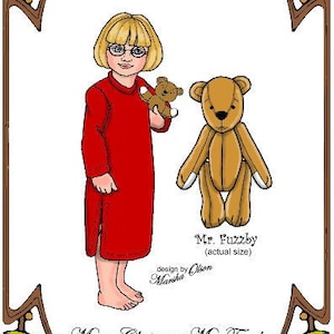 Peut inclure: Une robe rouge à manches longues et un col blanc, portée par une poupée aux cheveux blonds et aux lunettes. La poupée tient un petit ours en peluche brun. Un ours en peluche brun plus grand se tient à côté de la poupée. L'image comprend le texte "Style 108", "10' ANN ESTELLE", "Mr. Fuzzby (actual size)", "design by Olion Marsha", "Merry Christmas Mr. Fuzzby", "Perfect Patterns for Fashion Dolls 1999-2019".