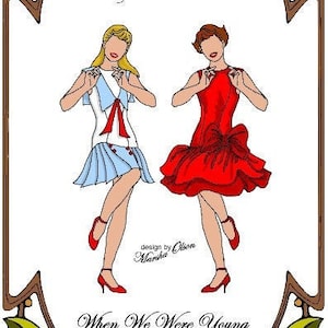 May include: A paper doll pattern for a 9-inch and 9.5-inch doll. The pattern is called "Style 74" and features two dolls wearing dresses. One doll is wearing a blue and white dress with a red bow, and the other doll is wearing a red dress with a red bow. The pattern is designed by Olion Martha and is part of the "When We Were Young" collection of Perfect Patterns for Fashion Dolls.