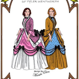May include: A doll dress pattern for a 16-inch doll, featuring two girls in different dresses. The pattern is called "Style 102" and is designed by Marsha Olson for Ai Home Perfect Patterns.