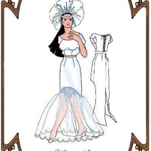 May include: A paper doll pattern for a 16 inch doll. The doll is wearing a white dress with a lace trim and a white hat. The pattern is called "Style 61" and is from "Heaven Sent Perfect Patterns for Fashion Dolls 1998-2019".