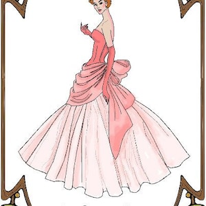 May include: A vintage illustration of a woman wearing a pink and white ball gown with a large bow. The illustration is framed with a decorative border and includes the text "Style 155 15.5" GENE The Color of Love Perfect Patterns 1939-2013 1999".