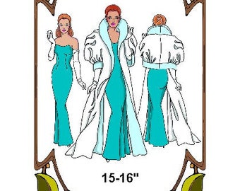 Style 2 G 15" Gene pattern "Hollywood Glamour" form fitted gown, tailored shrug, opera-length gloves