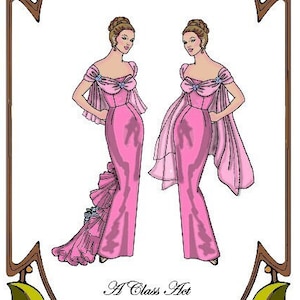 May include: A printable paper doll pattern for a pink gown with a ruffled skirt and a cape. The pattern is for 9-10 inch fashion dolls, such as Tiny Kitty, Cissette, and Coquette. The pattern is titled "Style 69" and is from "A Class Act Perfect Patterns for Fashion Dolls 1999-2019."