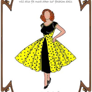 May include: A black and yellow polka dot dress with a black bodice and a wrap skirt. The dress is designed for a 15 inch doll and is labeled "Style 16" and "It's A Wrap".