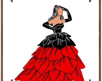 18" Kitty pattern "Petal Dress" famous designer style evening gown, Gloves, Stockings - Style 18 K