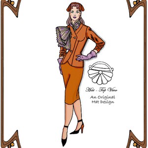 May include: A vintage illustration of a woman wearing a brown suit with a purple scarf and a hat. The woman is holding a white purse. The illustration is framed with a brown and green border and the text "Style 22", "Hat - Top View", "An Original Hat Design", "Paris, Here I Am", "Perfect Patterns for Fashion Dolls".