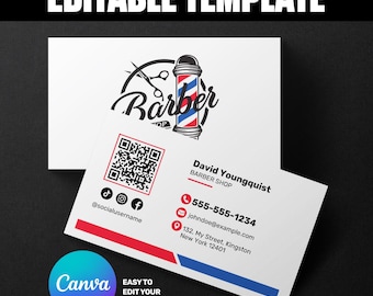 Minimalistische sjabloon voor kappersvisitekaartje • Bewerkbaar canvaontwerp • Moderne rood-blauwe Barbershop-brandingkaart