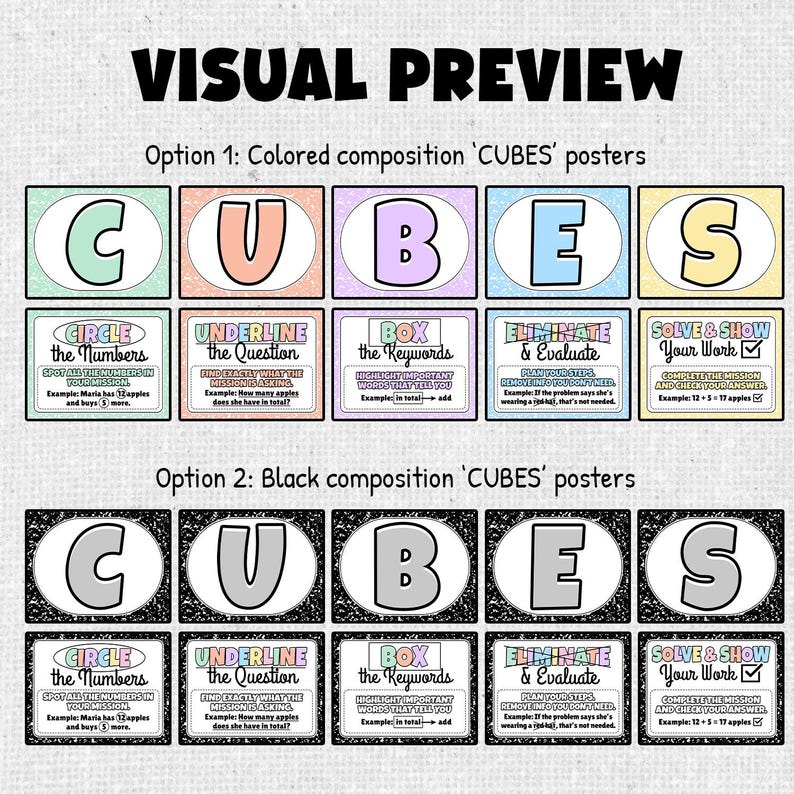 CUBES Math Strategy Posters & Bookmark: Pastel Composition Notebook ...