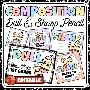 Op de afbeelding: Een verzameling kleurrijke klaslokaal printables met de tekst "COMPOSITION Dull & Sharp Pencil." De ontwerpen bevatten illustraties van potloden, met labels zoals "DULL," "SHARP," en "EDITABLE." Het thema is educatief.