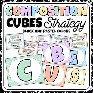 May include: A black and white notebook page with the words "COMPOSITION CUBES Strategy" in pastel colors. The image includes cards with math problem-solving steps: Circle the Numbers, Box the Keywords, Underline the Question, Eliminate & Evaluate, and Solve & Show Your Work.