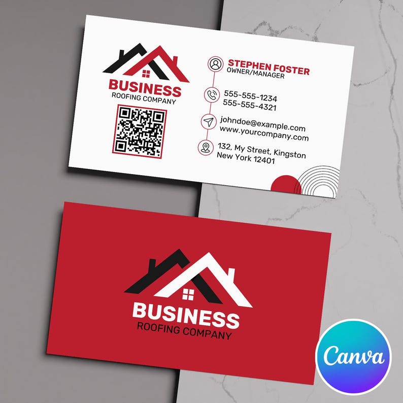 Pu&ograve; includere: Design di biglietto da visita con schema di colori rosso e bianco. La carta mostra un logo di un tetto di casa, il testo "BUSINESS ROOFING COMPANY" e informazioni di contatto, tra cui un codice QR, numeri di telefono, e-mail e indirizzo.
