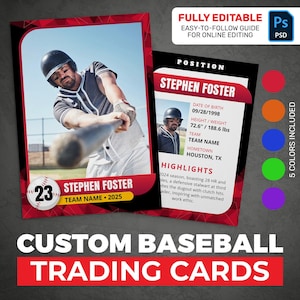 Bearbeitbare Baseball Sammelkartenvorlage - PSD Vorder- und Rückseite, 5 Farboptionen - Jugendsportkarte, Teamgeschenk, druckbares Design