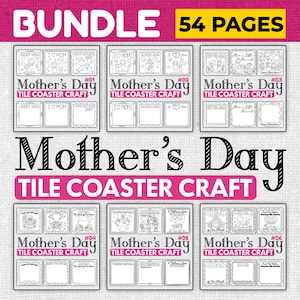 Puede incluir: Un conjunto de seis diseños imprimibles de posavasos de azulejos en blanco y negro para el Día de la Madre. Cada diseño presenta una ilustración diferente y el texto "Mother's Day Tile Coaster Craft".