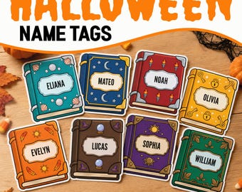 Editable Name Tag Template, Halloween Bulletin Board Magic Spell Book Name Tags