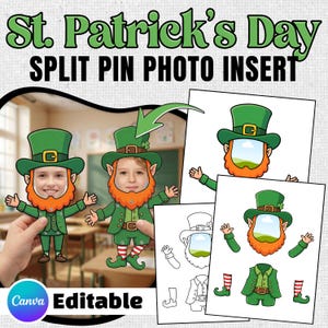 Op de afbeelding: St. Patrick's Day split pin foto-inzet. De afbeelding toont een groen leprechaun-kostuum met het gezicht van een kind in het midden. De afbeelding bevat ook een bewerkbaar Canva-logo en een zwart-wit omtrek van het kostuum.