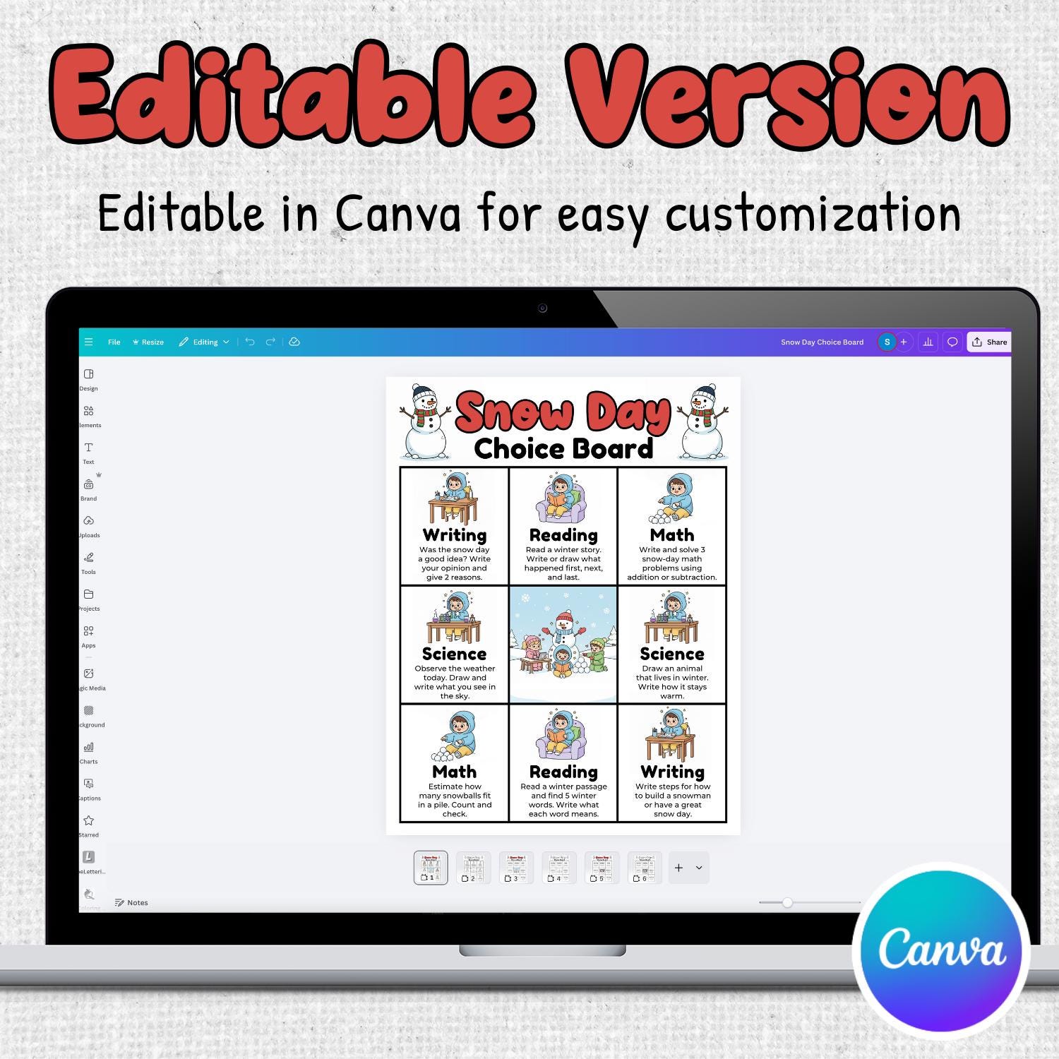 Editable Snow Day Choice Board, Winter Activities | Reading Writing ...