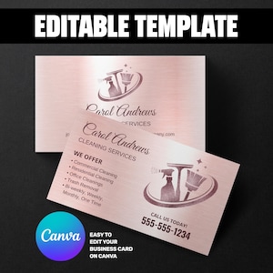 Pode incluir: Um modelo de cartão de visita com acabamento metálico em ouro rosa. O cartão apresenta o texto "Carol Andrews Cleaning Services" e um logotipo com materiais de limpeza. O cartão também inclui o texto "We Offer" e um número de telefone. O logotipo Canva é visível.