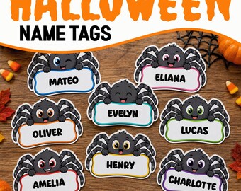 Editable Name Tag Template, Halloween Bulletin Board Spider Classroom Tags
