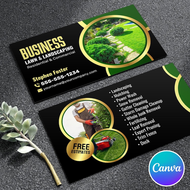 Elegant Lawn Mowing Business Card Template | Canva Editable Landscaping ...