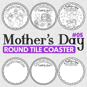 Puede incluir: Una colección de posavasos redondos en blanco y negro para el Día de la Madre. Los posavasos presentan varios diseños, incluyendo las frases "World's Best Mom", "Motherhood Fueled by Love" y "A Mother's Love is Forever". También están presentes las palabras "Mother's Day" y "Round Tile Coaster".