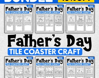 Könnte beinhalten: Ein Bundle mit sechs Bastelsets für Untersetzer zum Vatertag. Jedes Set enthält Schwarz-Weiß-Strichzeichnungen mit Texten wie "Super Dad" und "Camping". Das Bild enthält den Text "BUNDLE 40% OFF".