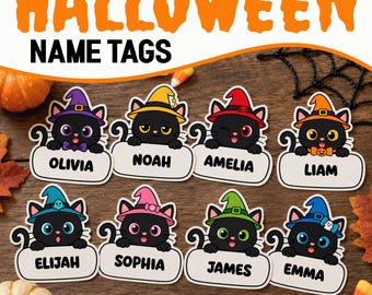 Editable Name Tag Template, Halloween Bulletin Board Witch Cat Classroom Tags
