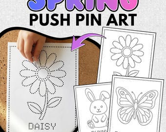 Spring Push Pin Art Templates, Fine Motor Easter Activities, Bunny Butterfly Daisy