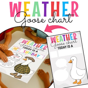 May include: A colorful "Weather Goose Chart" poster with the text "Today is a Sunday" and a cartoon goose wearing a hat and coat. A second chart shows a blank goose and speech bubbles.