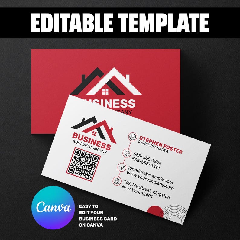 Pu&ograve; includere: Modello di biglietto da visita rosso e bianco con logo di un'azienda di coperture. Il biglietto include informazioni di contatto e un codice QR. Il testo "EDITABLE TEMPLATE" &egrave; in alto e il logo Canva in basso.