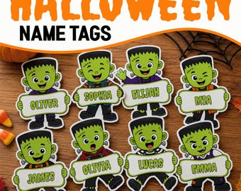 Editable Name Tag Template, Halloween Bulletin Board Frankenstein Desk Tags