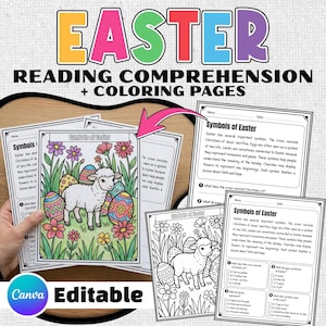 Pode incluir: Um conjunto de páginas de compreensão de leitura e colorir com o tema da Páscoa. As páginas apresentam ilustrações de cordeiros, ovos de Páscoa e flores. O título "EASTER READING COMPREHENSION + COLORING PAGES" é exibido em letras coloridas.