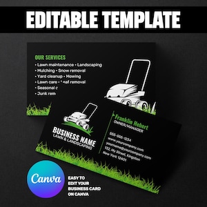 May include: Black business card template for lawn care and landscaping services. The card features a lawnmower graphic, company name, and contact information. The card also includes a list of services and the text "Editable Template".