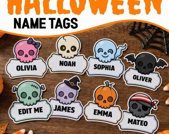 Editable Name Tag Template, Halloween Bulletin Board Skull Desk Name Tags