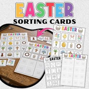 May include: Easter sorting cards with colourful text and illustrations. The cards feature images of Easter symbols and festivities, including jelly beans, chicks, and Easter eggs. The set includes cut-out cards and sorting boards.