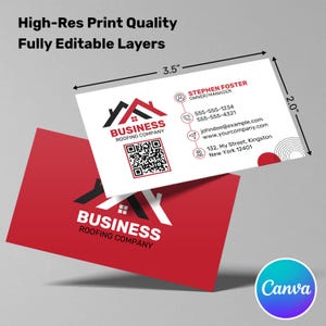 Pu&ograve; includere: Due biglietti da visita, uno bianco e uno rosso, con il logo di un'azienda di coperture. Il biglietto bianco, di 8,9 cm per 5,1 cm, mostra le informazioni di contatto, incluso un codice QR. Il biglietto rosso presenta il logo dell'azienda. Il testo sui biglietti recita "Alta qualit&agrave; di stampa" e "Livelli completamente modificabili."