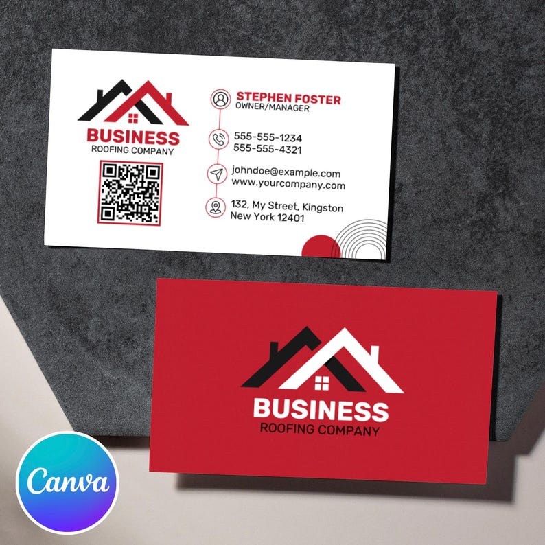 Pu&ograve; includere: Due biglietti da visita per un'azienda di coperture. Il biglietto superiore &egrave; bianco con dettagli neri e rossi, tra cui informazioni di contatto e un codice QR. Il biglietto inferiore &egrave; rosso con un logo bianco e nero.