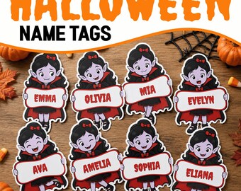 Editable Name Tag Template, Halloween Bulletin Board Vampire Girl Name Tags