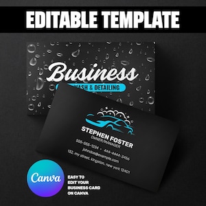 Könnte beinhalten: Schwarze Visitenkarten-Vorlage mit dem Thema Autowäsche und -aufbereitung. Die Karte enthält den Text "Business Wash & Detailing" und Kontaktinformationen. Das Design umfasst eine Autosilhouette mit Blasen und das Canva-Logo.