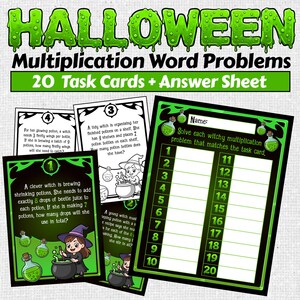 Op de afbeelding: Halloween-thema vermenigvuldigingswoordprobleemtaakkaarten. De groene en zwarte kaarten bevatten illustraties met heksenthema en wiskundeproblemen. Inclusief een antwoordblad. De tekst op de kaarten luidt "20 Taakkaarten + Antwoordblad".