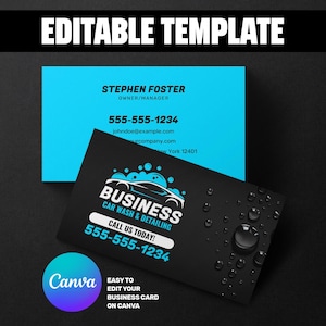 May include: Business card template with a black and cyan design. The card features a car wash and detailing logo, contact information, and the text "Call us today!" The card also includes the text "Easy to edit your business card on Canva."