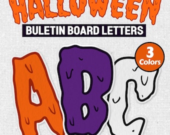 May include: Halloween-themed bulletin board letters in orange, purple, and white. The letters A, B, and C are displayed with a dripping effect. The image also includes the text "Halloween" and "Bulletin Board Letters."