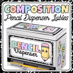 May include: A silver pencil dispenser with the words "COMPOSITION Pencil Dispenser Labels" at the top. The dispenser has a label that says "PENCIL Dispenser" with a cartoon pencil. A yellow pencil is in the dispenser.
