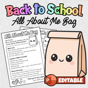 May include: A back-to-school themed graphic with the text "Back to School All About Me Bag." The image features a smiling cartoon lunch bag and a document with instructions for a classroom activity. The word "EDITABLE" is also visible.